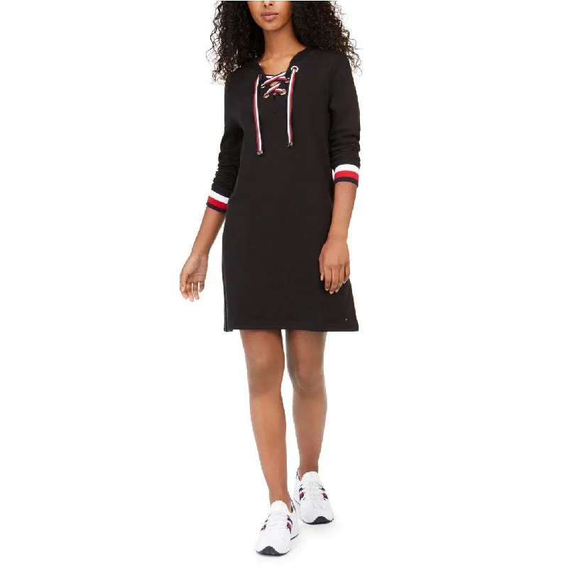 Tommy Hilfiger Women's Lace-Up Hoodie Sweatshirt Dress Black Size Small