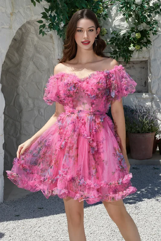 Beautiful A Line Off the Shoulder Fuchsia Tulle Short Homecoming Dress with Short Sleeves