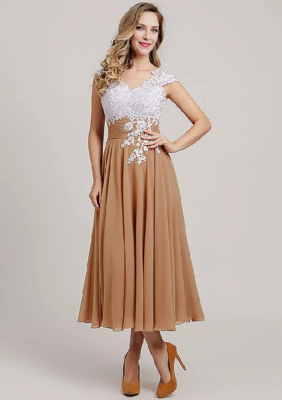 Chiffon Mother of the Bride Dress A-line/Princess V Neck Short Sleeve Tea-Length With Lace