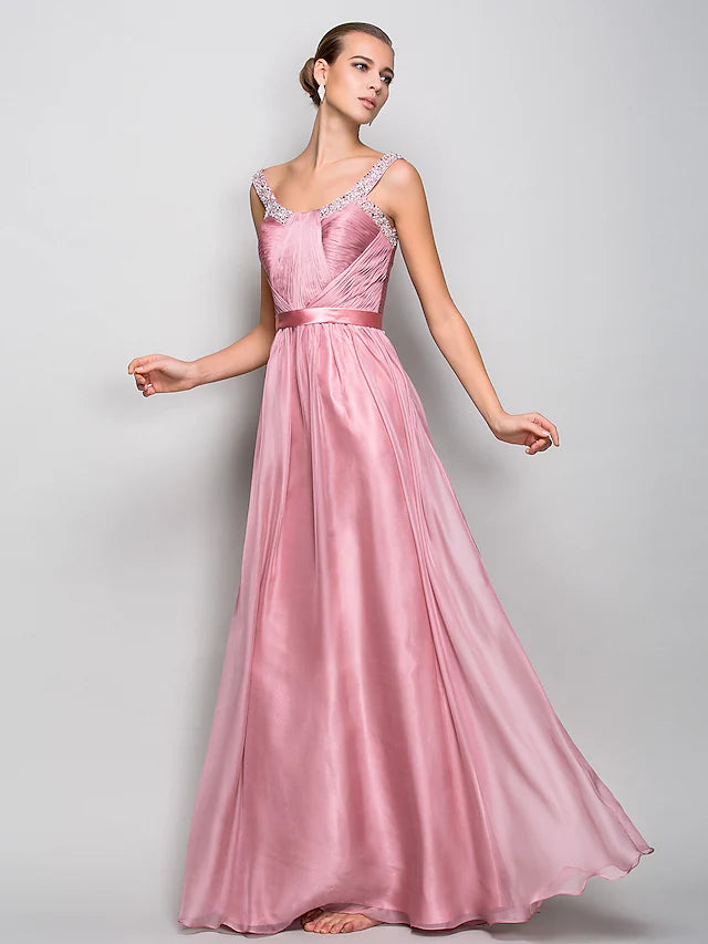 Open Back Dress Prom Floor Length Sleeveless Straps Chiffon with Sash  Ribbon Ruched Beading