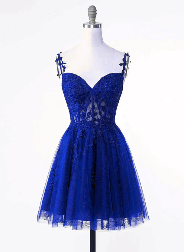 Royal Blue Tulle with Lace Applique Short Formal Dress, Royal Blue Homecoming Dress