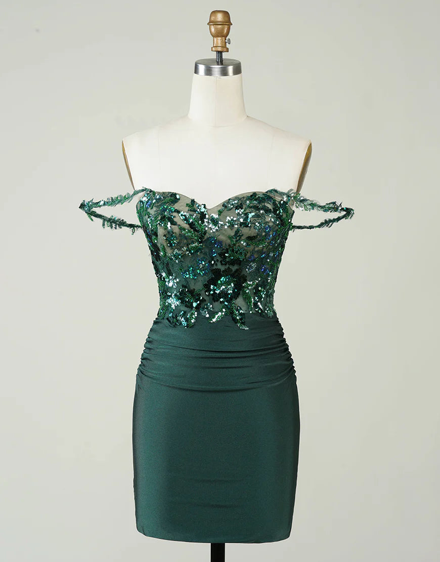 Sequins/Sparkling Off Shoulder Sheath Dark Green Short Homecoming Dress with Appliques