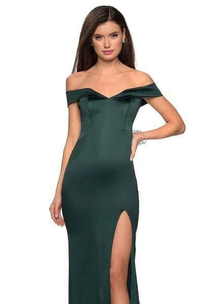 La Femme - Off Shoulder High Slit Long Fitted Satin Dress 27752