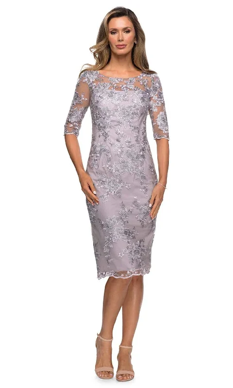 La Femme - Sheer Neckline and Sleeves Floral Lace Sheath Knee-Length Dress 27895SC