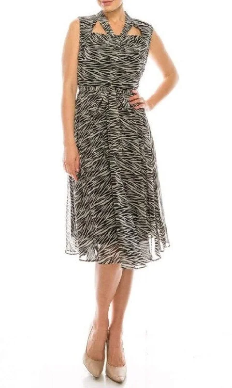 Maison Tara - 91087M Knee Length Cutout Ornate Zebra Print Dress