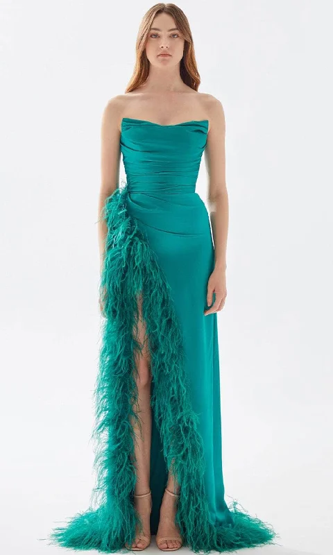 Tarik Ediz 52004 - Strapless Feathered Slit Prom Gown