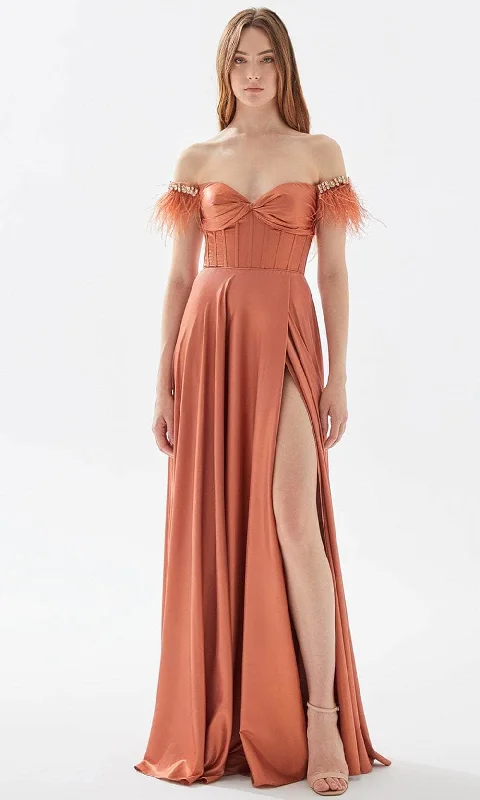 Tarik Ediz 52034 - Feathered Off-Shoulder Prom Dress