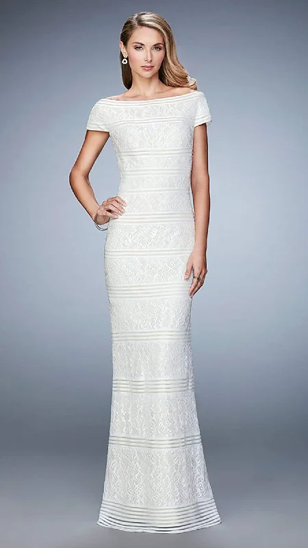 La Femme Off Shoulder Lace Short Sleeves Long Dress 23012SC - 1 Pc White in Size 2 Available