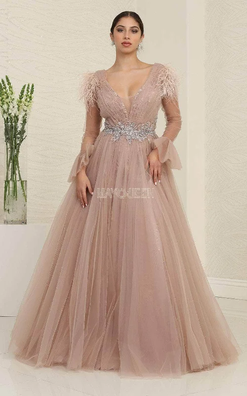 May Queen RQ8096 - Feathered Tulle Evening Dress