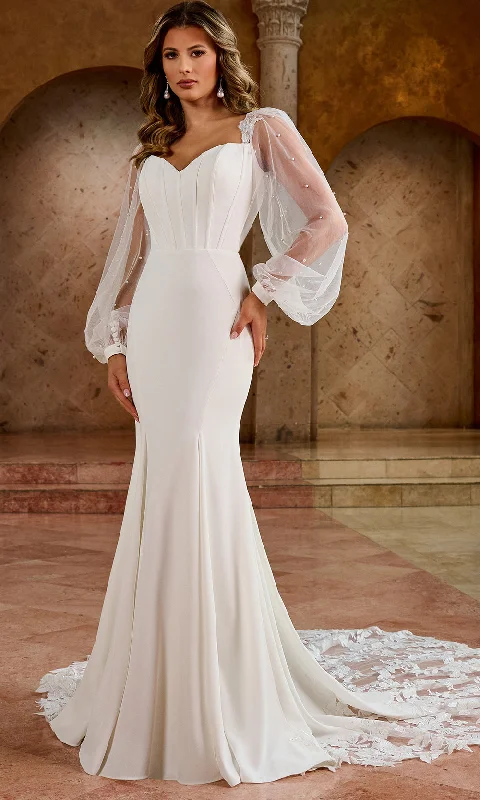 Rachel Allan RB5061 - Pearl-Accented Bishop Sleeve Bridal Gown