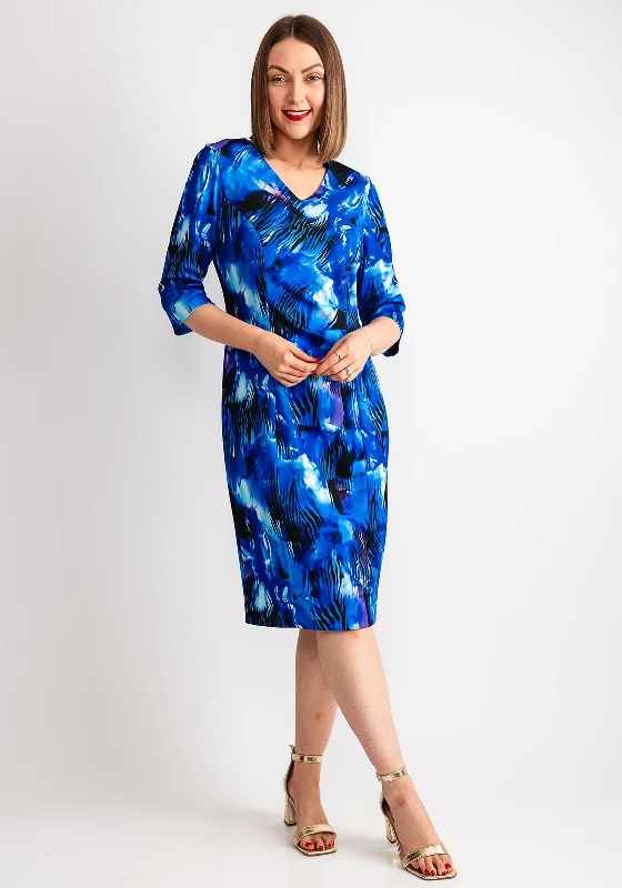 Via Veneto Printed Ruched Knee Length Pencil Dress, Cobalt Blue